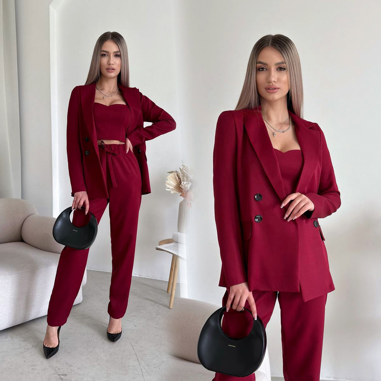 Стильний жіночий брючний костюм колір марсала трійка: штани, піджак, топік, фото 1