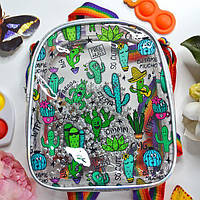 Детский силиконовый прозрачный рюкзак с радужными ручками 23*20 см на молнии яркий принт Кактус