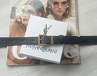 Женский узкий кожаный ремень Yves Saint Laurent black пряжка золото