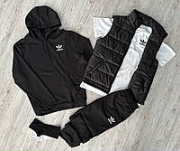 Комплект 5 в 1 Adidas чорний худі + чорні штані + чорна жилетка + біла футболка + 2 пари шкарпеток (чорні та