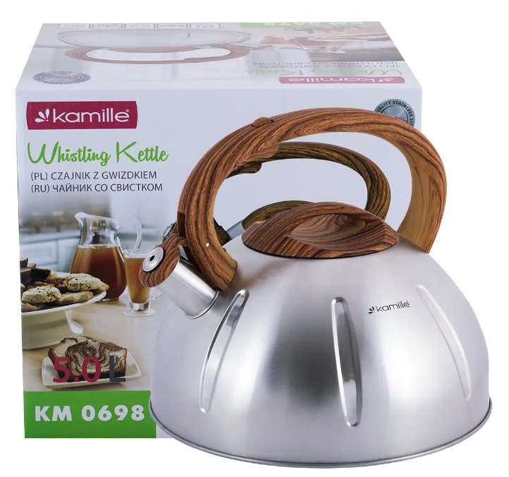 Чайник зі свистком Kamille з коричневою ручкою 5 л неіржавка (0698 K), фото 1