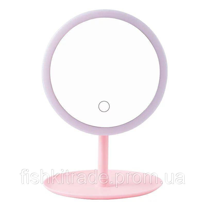 Дзеркало з LED підсвічуванням кругле W8 Настільне дзеркало для макіяжу Pink l