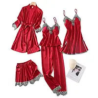 Атласний колмпект білизни для сну яскраво-червоного кольору: я: халат, пеньюар, пояс, штани, топ і шортики