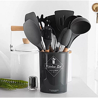 Силиконовый кухонный набор принадлежностей с деревянной ручкой 12 предметов Черный PRO_370
