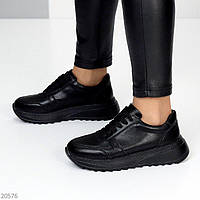 Жіночі шкіряні кросівки на широкій підошві модні чорні натуральна шкіра