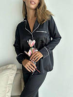 Модный комплект женская рубашка и штаны красивая черная пижама из шелка для дома и сна S L