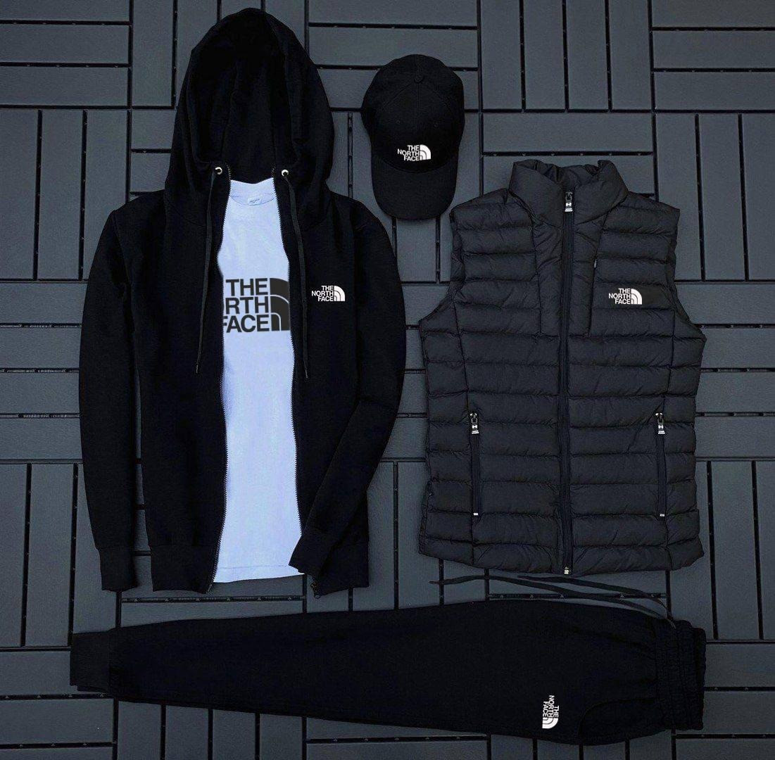 Чоловічий спортивний костюм The North Face + Жилетка + Футболка + Кепка чорний весняний Зе Норт Фейс