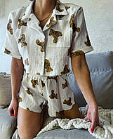 Женская,стильная муслиновая,белая пижама с принтом.Комплект для сна с мишками.Пижама шорты+рубашка-топ