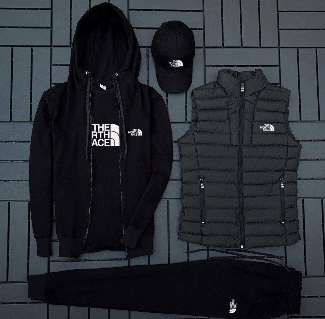 Чоловічий спортивний костюм The North Face + Жилетка + Футболка + Кепка чорний весняний Зе Норт Фейс