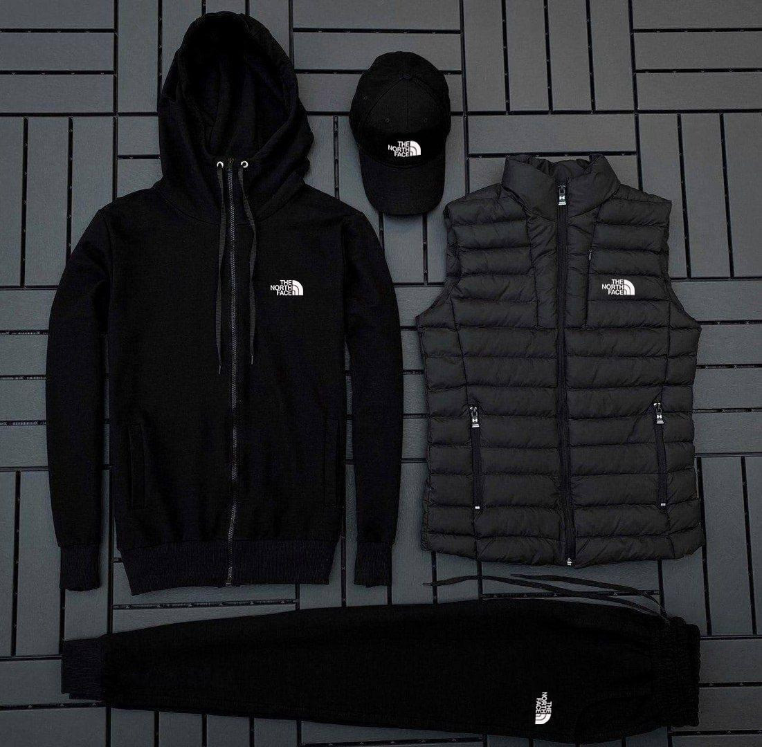 Чоловічий спортивний костюм The North Face + Жилетка + Кепка чорний весняний Зе Норт Фейс