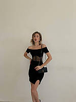 Жіноча приталена міні сукня з імітацією корсета.Чорна стильна сукня з довгим рукавом