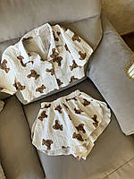 Женская,стильная муслиновая,белая пижама с принтом.Комплект для сна с мишками.Пижама шорты+рубашка-топ 46/48, L-Xl