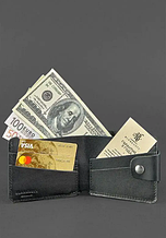 Жіноче шкіряне портмоне гаманець на кнопці, авторські гаманці повністю ручної роботи для дівчат Чорний