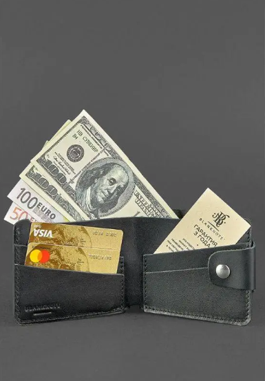 Жіноче шкіряне портмоне гаманець на кнопці, авторські гаманці повністю ручної роботи для дівчат Чорний, фото 1