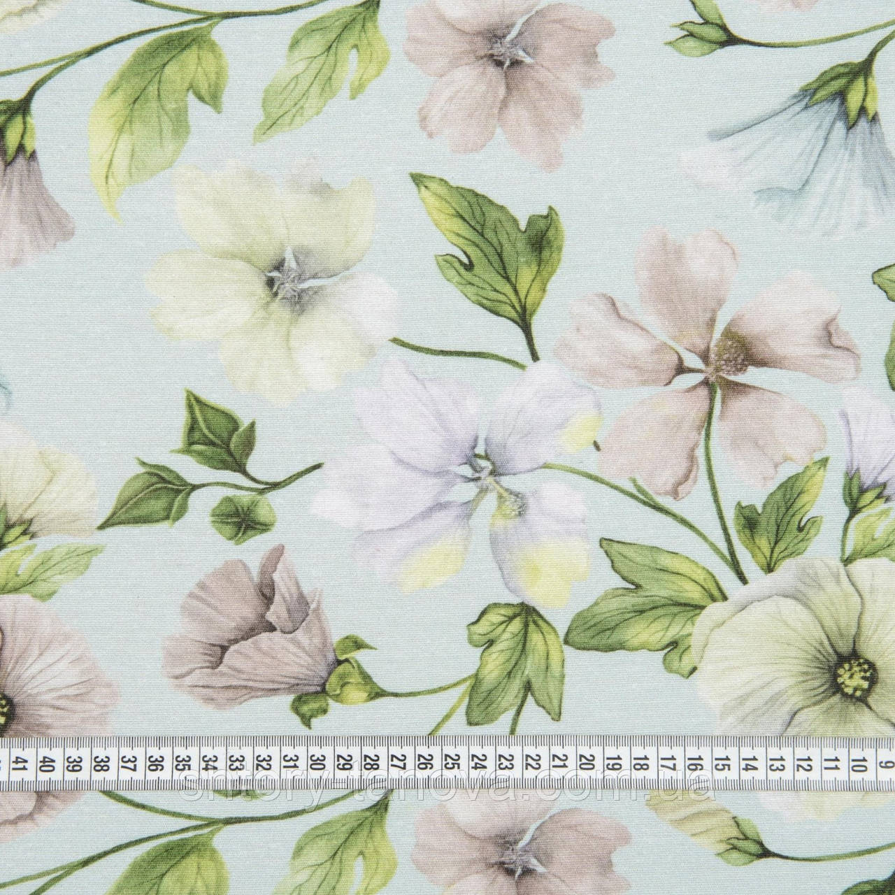 Шторна тканина з квітами гібіскуса сірий, бежевий фон світла бірюза Іспанія, 280 см, фото 1