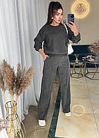 Стильный трендовый вельветовый женский прогулочный костюм микро-вельвет брюки палаццо укороченная кофта батник Графит, 42/44