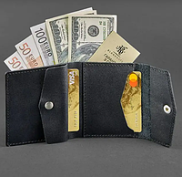 Женское кожаное портмоне кошелек на кнопке, авторские кошельки полностью ручной работы для девушек Черный