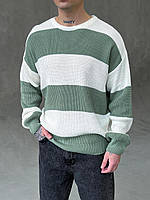 Мужской вязаный оверсайз свитер в полоску (мятно-белый цвет)