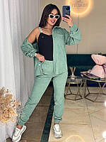 Костюм весенний базовый вельветовый женский прогулочный модный брюки на манжете и рубашка на пуговицах OS 50/52, Оливка
