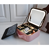 Дорожня косметичка-валіза з LED дзеркалом рожева