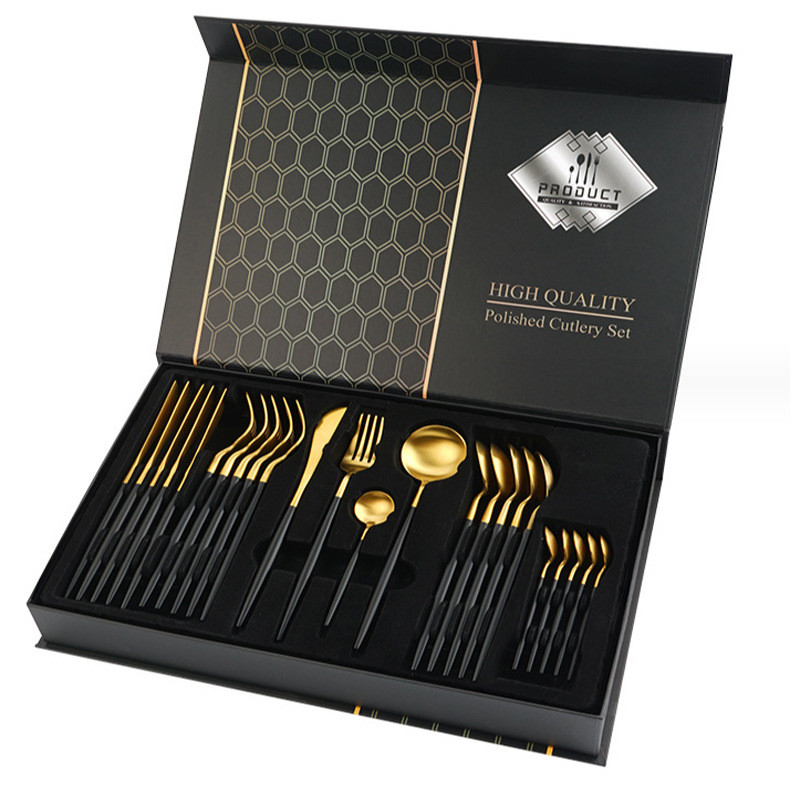 Набір столових приборів з нержавіючої сталі Portugal collection на 24 предмети Black-Gold | Чорно-золотий - ножі, ложки, виделки