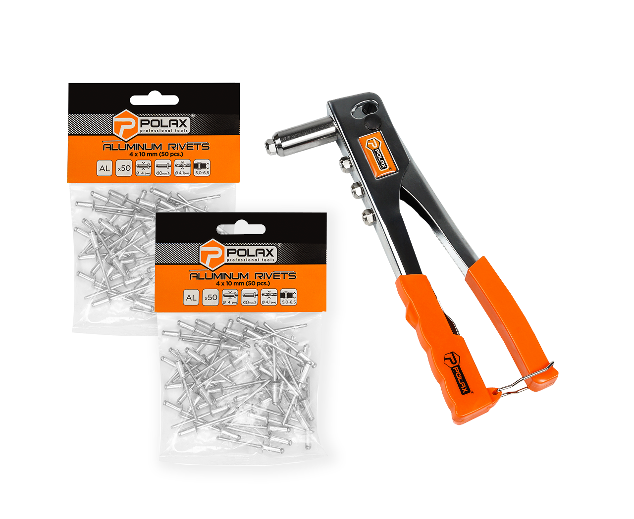 Набір Polax пістолет для заклепок хромований і заклепки 4 х 10 мм, 2 уп (337-02), фото 1