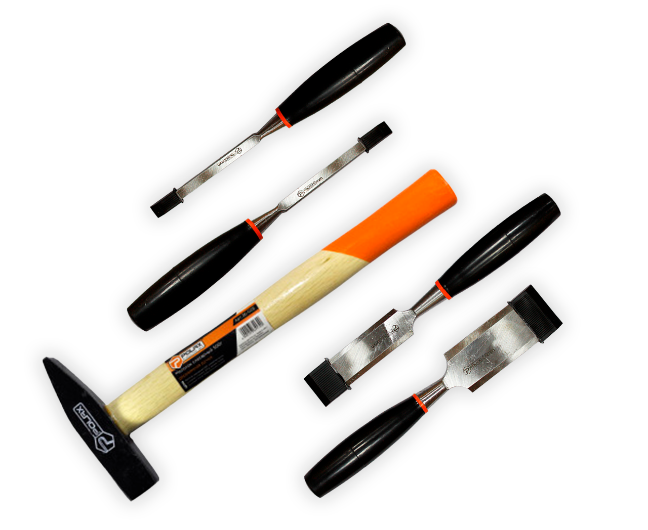 Набір Polax молоток 300 г і 4 стамески з пластиковою ручкою 6, 8, 32 і 38 мм (335-17), фото 1