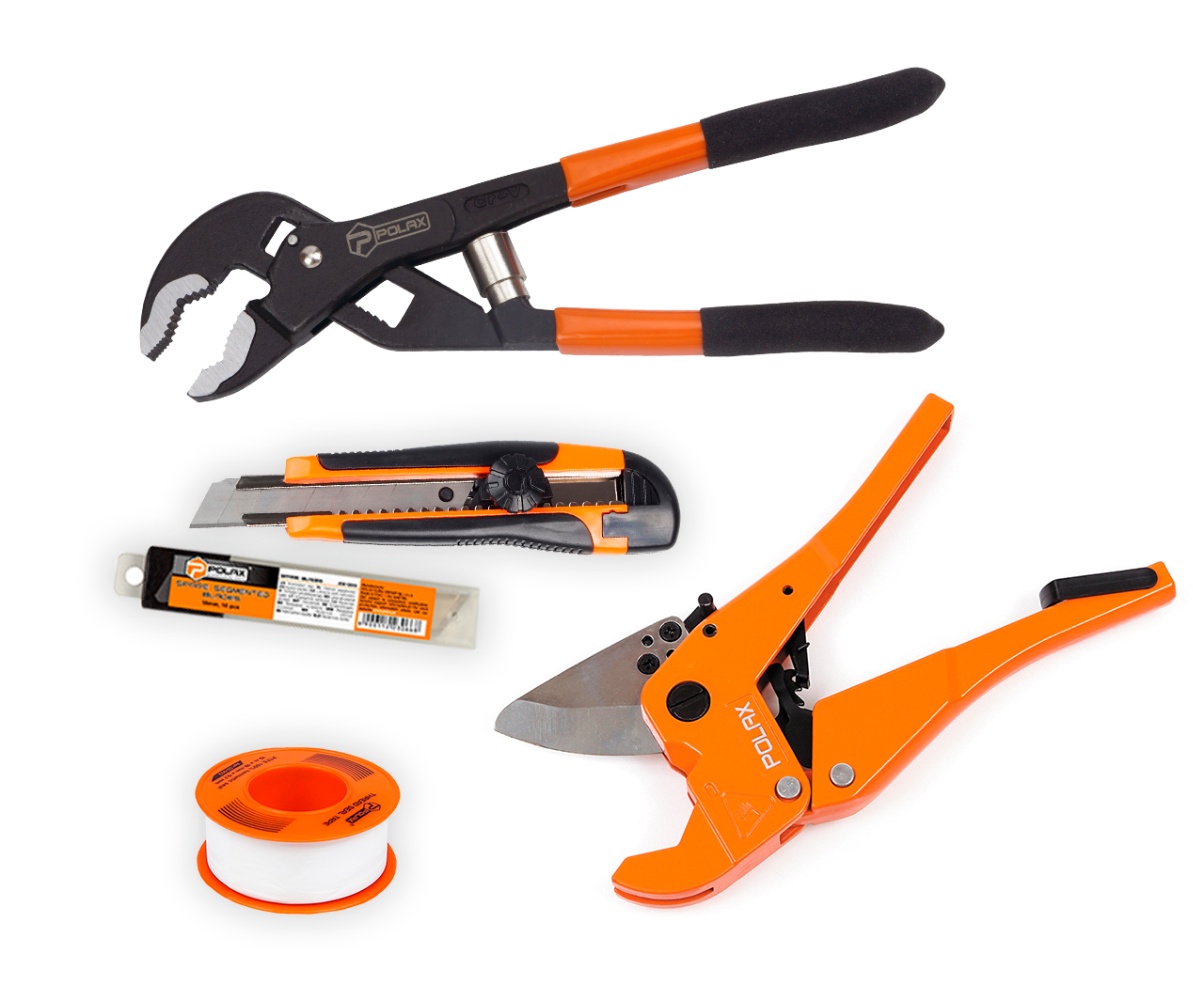 Набір для роботи з трубами Polax труборіз 3-42 мм, товщина 2.5 мм, ключ трубний переставний з ресорою 250 мм, стрічка тефлонова, фото 1