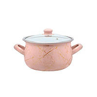 Кастрюля эмалированная 2.1 л "Розовый мрамор" / Кухонная кастрюля для плиты / Кастрюля для индукционной плиты