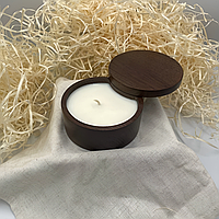 Аромасвеча соевая массажная Молочный улун в круглой форме из дерева с крышкой коричневый 200мл