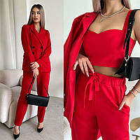 Стильный брючный костюм женский тройка красный АА/-1492