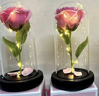 Роза в колбе под стеклянным куполом розовая цветок Pink с подсветкой Большая ночник