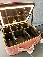 Портативная косметичка органайзер чемоданчик с зеркалом и LED подсветкой с 3 режимами подсветки Розового цвета