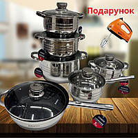 Набір каструль зі сковорідкою Banoo 12 предметів нержавійка для всіх видів плит товсте дно