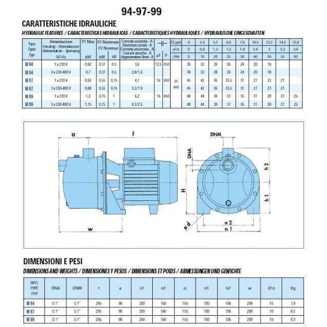 Насос центробежный M-97-N PL нерж. 0,55 кВт SAER (3,3 м3/ч, 45 м) - фото 2 - id-p2123458154