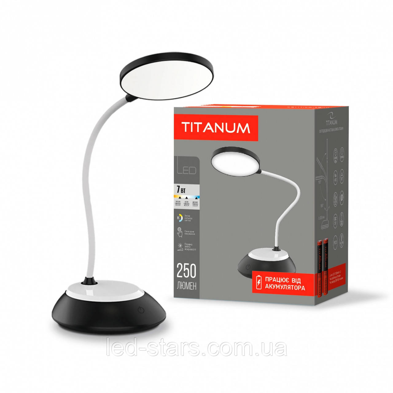 LED лампа настiльна з акумулятором TITANUM TLTF-022B 7W 3000-6500K USB чорна, фото 1