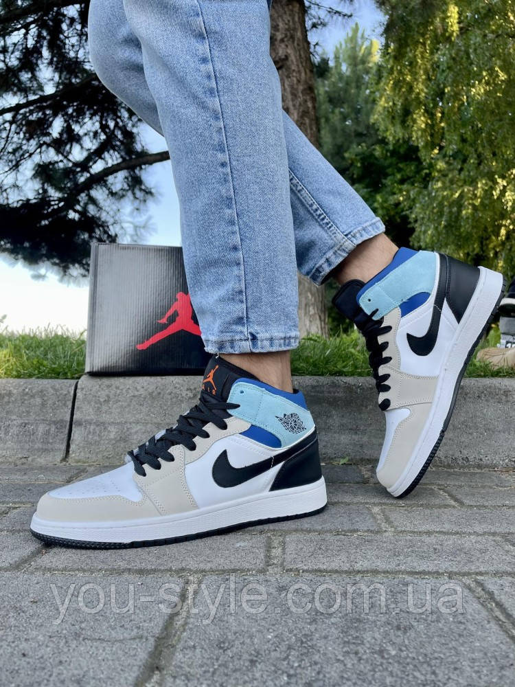 Кросівки Nike Air Jordan 1 (білі з бежевим та блакитним)