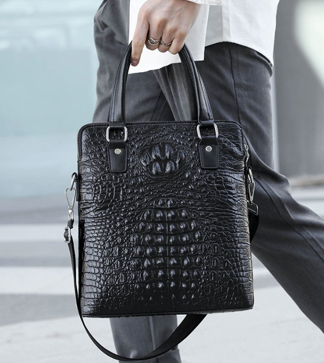 Чоловіча шкіряна сумка-планшет із ручками — стильна барсетка з натуральної шкіри з тисненням під рептилію, фото 1