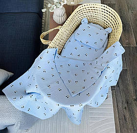 Комплект мусліновий 3 в 1 у дитячу коляску (простирадло на гумці, плед та подушка) Angel Блакитний