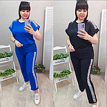 Стильный женский костюм футболка штаны, синий, черный, размер 50-54(оверсайз), фото 4