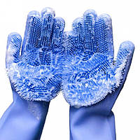 Силіконові рукавички багатофункціональні щітка для чищення і миття посуду Silicone Magic Blue Gloves