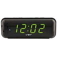 Часы VST VST-738 настольные 220В будильник Черный корпус Светло зеленые цифры