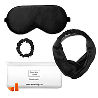 Набор для сна 5в1 Черный, Шелковая маска, повязка для волос, резинка, беруши BORM