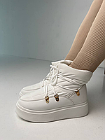 Женские зимние дутые белые ботинки на шнурках