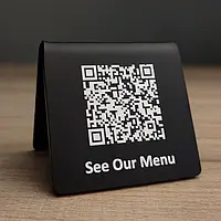 Таблички на стол с нанесением qr кода и логотипа меню двухсторонние - черный металл домик