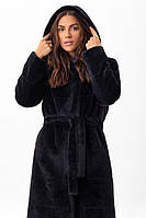 Шуба - пальто женское эко альпака теплое утепленное, с капюшоном, зимнее, Черный, 46