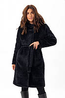 Шуба -пальто женское эко альпака теплое утепленное, с капюшоном, зимнее, Черный, 44