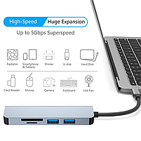 USB хаб Deepfox 2103TU C/Type A 5 в 1 алюмінієвий hub картридер аудіо, фото 5