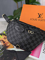Женская сумка бананка Louis Vuitton Поясная женская сумочка Луи Витон Черно-серая клетка бананка Луи Виттон Черно-серый
