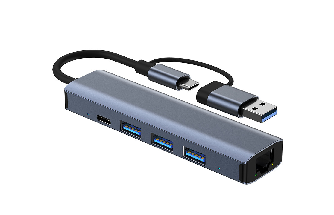 Док-станція Deepfox-2208TU 5 в 2 USB Type-C/Type-A концентратор 5 портів Мережева карта RJ45 Ethernet LAN адаптер 1000 Мбит/с